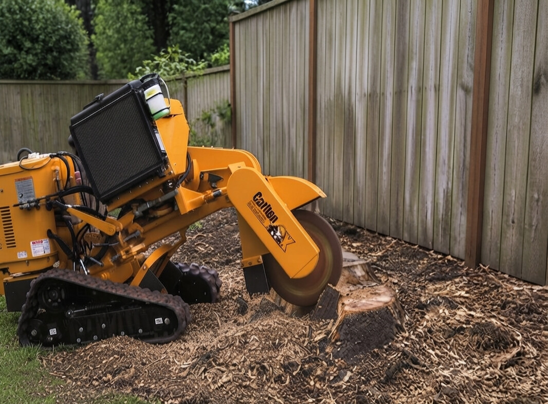 Carlton stump grinder cutting a tree stump beside a wooden fence in a North Shore Auckland backyard