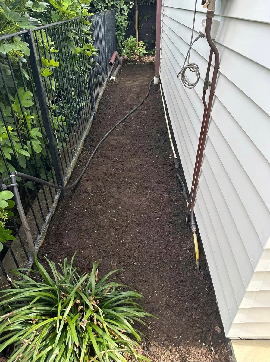 After stump removal: narrow side path strip completely cleared of stumps with levelled soil