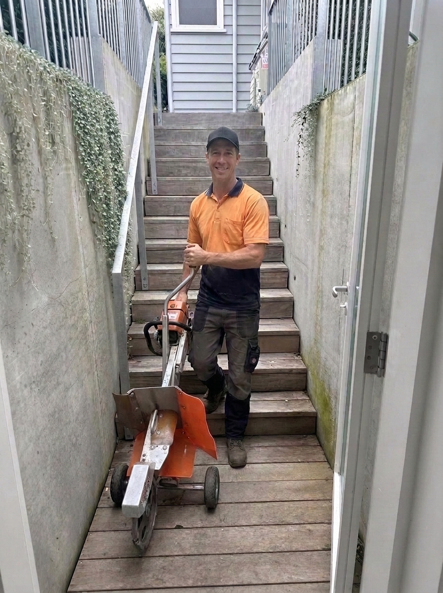 Stump grinder being walked down a narrow flight of timber stairs between two North Shore houses